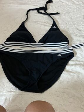 adidas Black Halter Bikini with White Striped Band